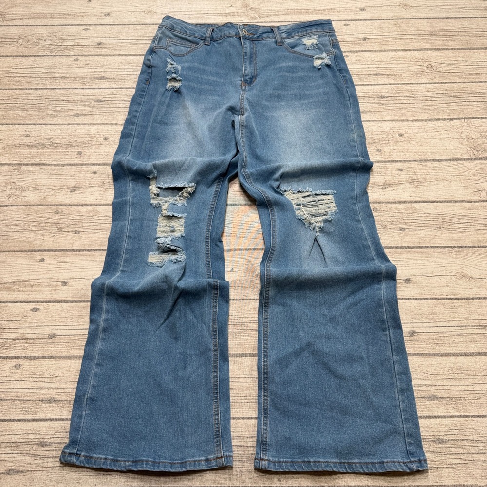 Generic Jeans Women's XL Blue Denim High Rise Distressed Wide Leg Baggy Grunge